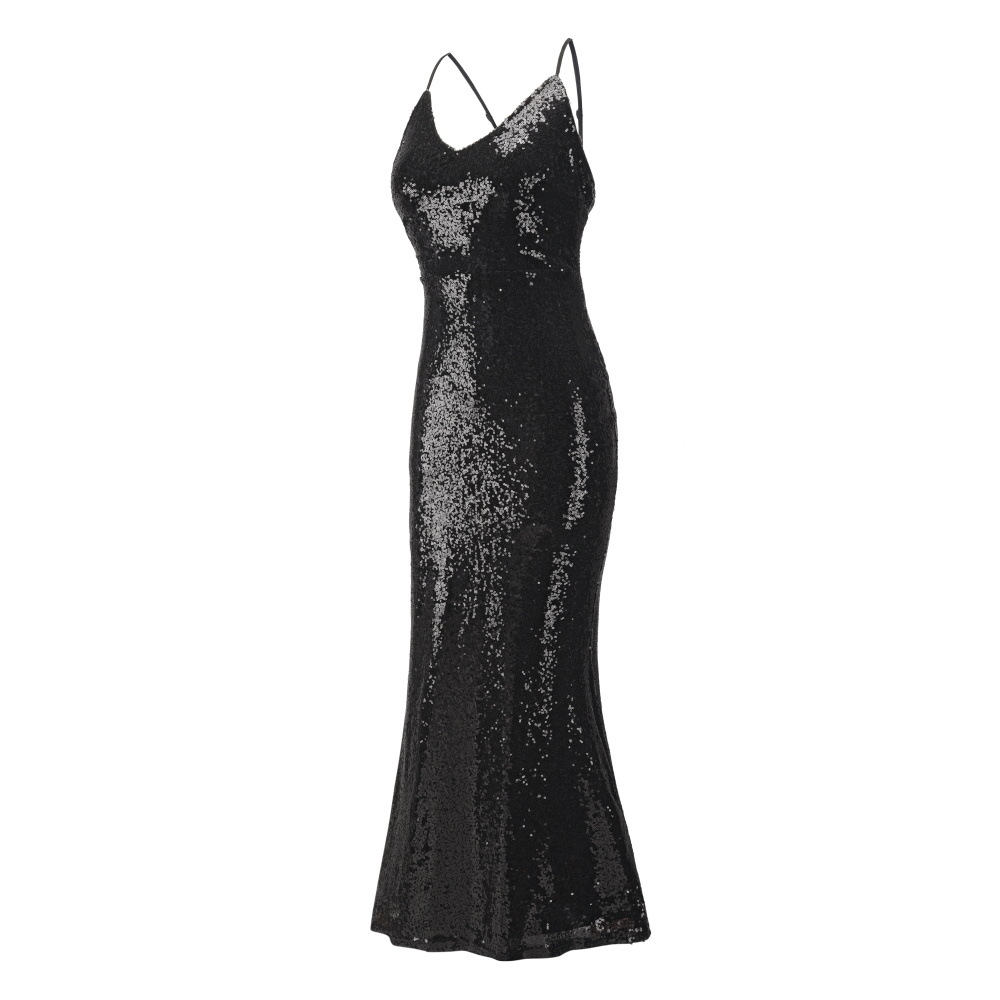 SZ60256-2 Black Sequin Cross Back Fishtail Maxi Dress